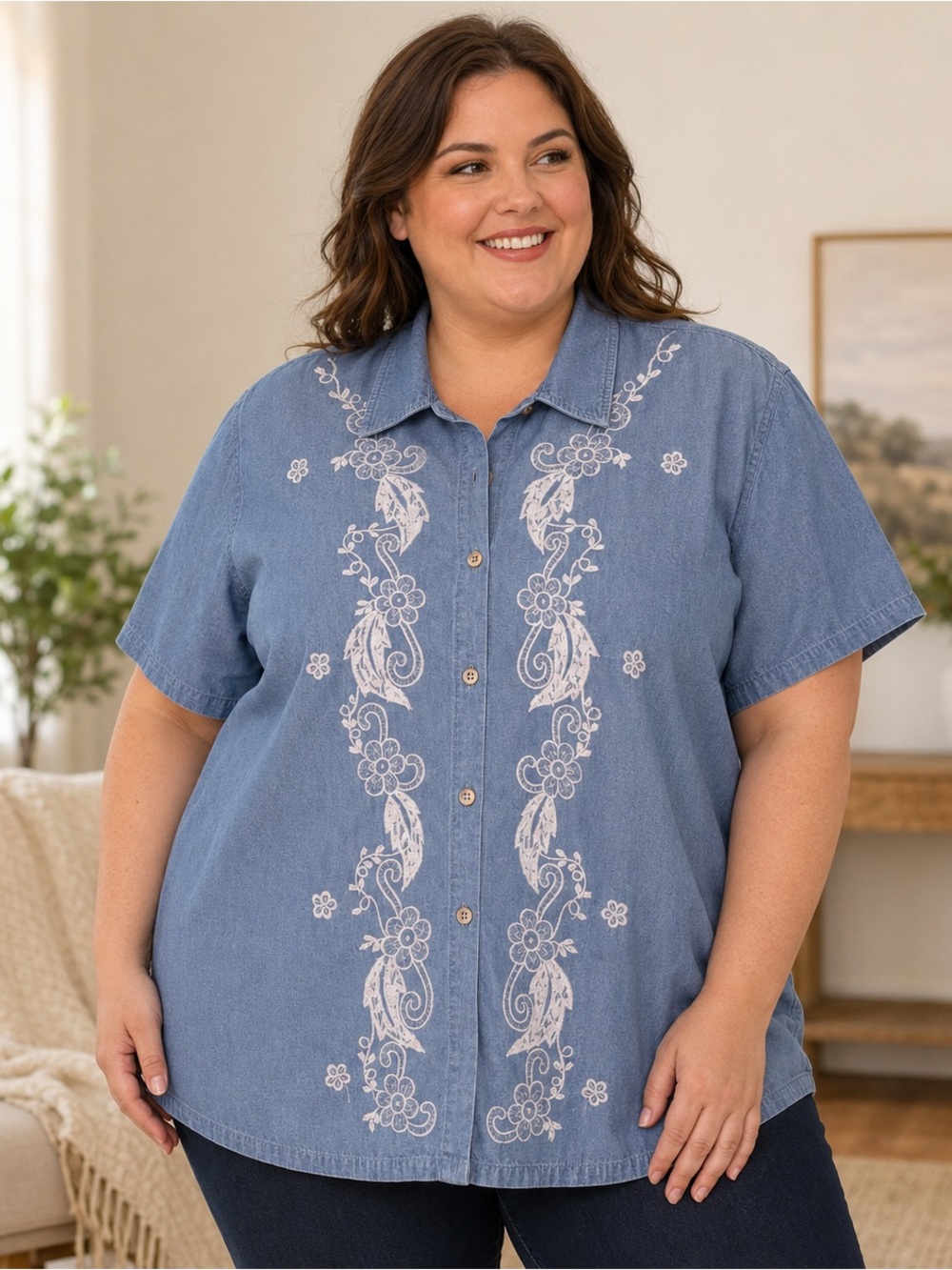 C Z Plus Size Blue Chambray Embroidered Button Down Shirt 3X